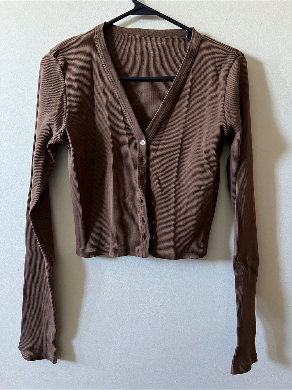 Brandy Melville John Galt Cropped Long Sleeve Button Cardigan in Brown